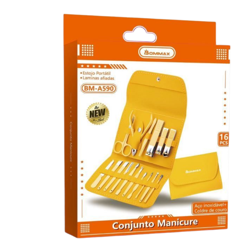 CONJUNTO MANICURE KIT 16 PEÇAS AÇO INOXIDÁVEL COM BOLSA DOBRÁVEL BM-A590