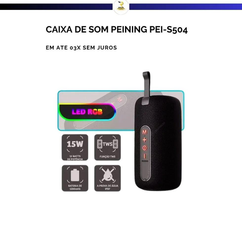 CAIXA DE SOM BLUETOOTH PEINING PEI-S504 - IPX5, LED E 20H DE CHAMADAS - Imagem 2