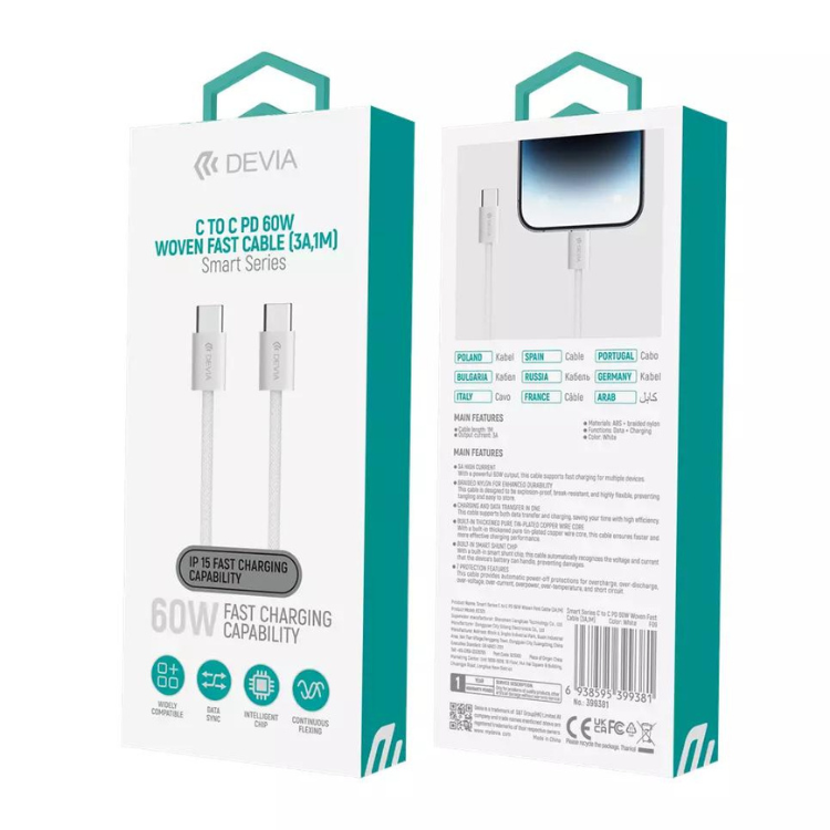 CABO DEVIA TIPO C PARA C  WOVEN FAST PD 60W 3.A;1M  BRANCO NO: 399381
