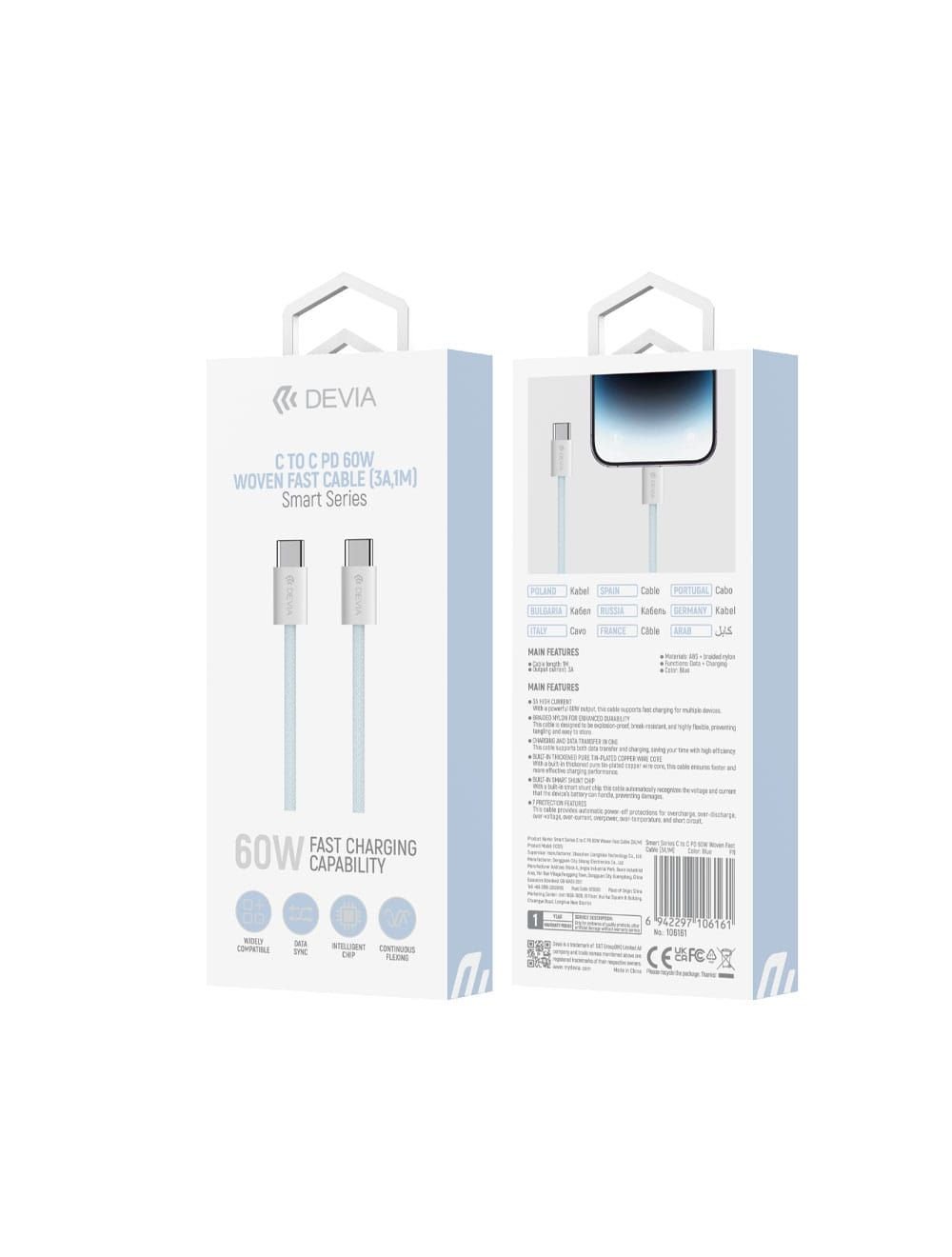 CABO DEVIA TIPO C PARA C PD 60W WOVEN FAST 3A,1M BLUE NO: 106161
